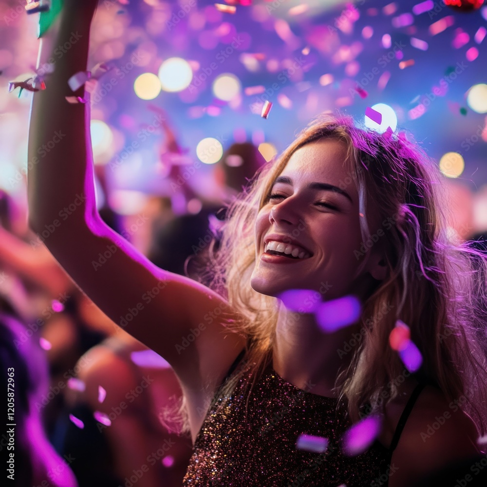 Woman celebrates, confetti falls, concert crowd cheers, event joy Woman celebrates, confetti falls, concert crowd cheers, event joy