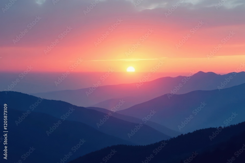 Gradient sky at sunset fades into misty mountains, blur, background Gradient sky at sunset fades into misty mountains, blur, background
