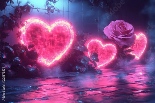 Neon Pink Hearts and Rose for Creative Valentines Day Card Design