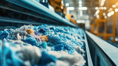 Textile recycling factory conveyor belt carries shredded fabric for reuse