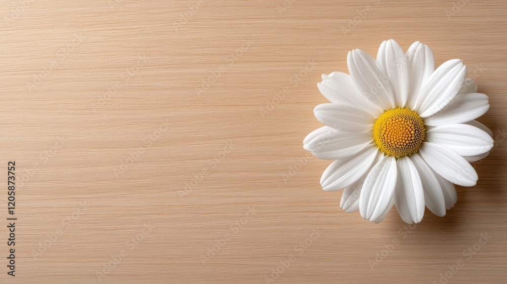 Obraz premium Single white daisy with yellow center on wooden surface