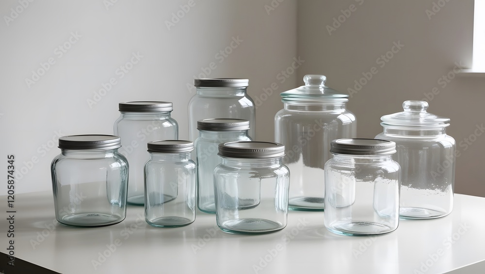 Eight Clear Glass Jars with Silver Lids on White Surface, Clean Storage Eight Clear Glass Jars with Silver Lids on White Surface, Clean Storage
