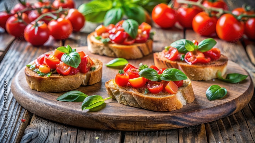 Fresh bruschetta on a rustic wooden table with ripe tomatoes and basil , appetizer, italian, appetizer, italian, bruschetta Fresh bruschetta on a rustic wooden table with ripe tomatoes and basil , appetizer, italian, appetizer, italian, bruschetta