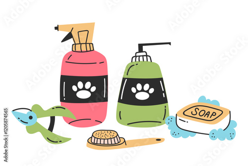 Washing bath soap foam home salon line art concept. Tools for pet grooming set. Vector graphic design illustration