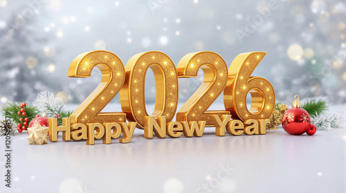 Golden 2026 lettering with sparkling texture and christmas decorations wishes happy new year on a snowy background