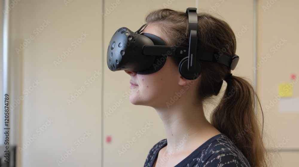 Naklejka premium Woman using VR headset in office, exploring virtual reality