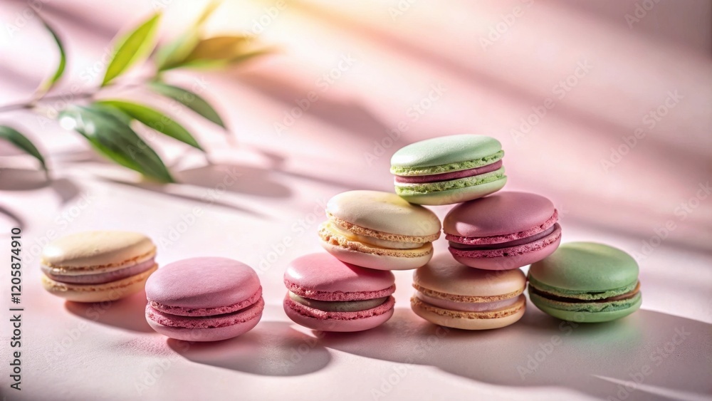 Pastel-colored Macarons Arranged in a Pyramid Shape on a Soft Pink Surface with Subtle Lighting and Green Foliage in the Background Pastel-colored Macarons Arranged in a Pyramid Shape on a Soft Pink Surface with Subtle Lighting and Green Foliage in the Background