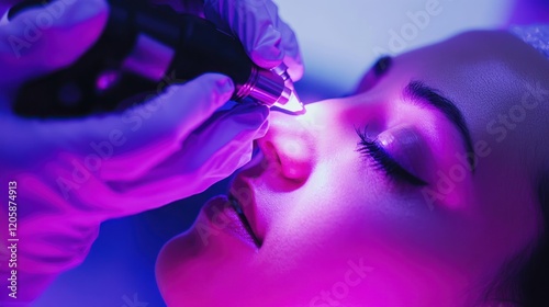 Woman receiving laser nose reshaping treatment in clinic