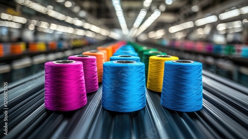 Colorful spools of thread, vibrant textile industry photo