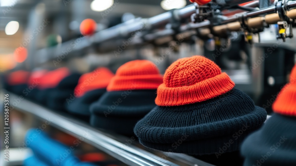 Obraz premium Red & black knit hats on factory conveyor belt