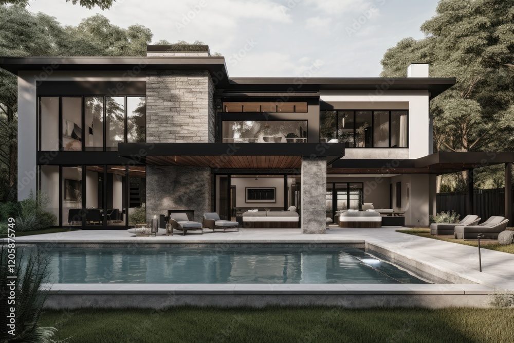 Fototapeta premium Modern House with Pool and Expansive Landscaping