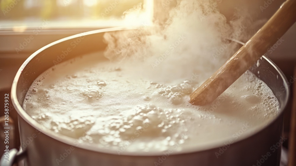 Boiling milk kitchen pot steam sunlit window Boiling milk kitchen pot steam sunlit window