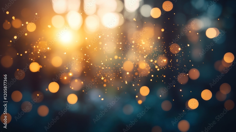 Golden bokeh sparkles, night forest, celebratory background, design Golden bokeh sparkles, night forest, celebratory background, design