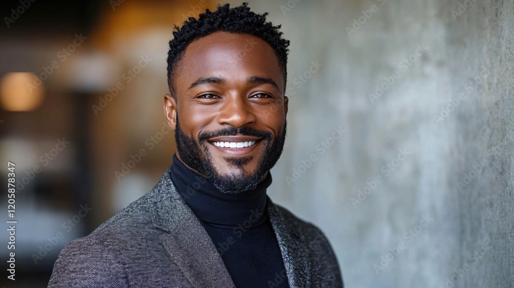 Fototapeta premium A confident, smiling African-American man in a stylish blazer, perfect for professional use, personal branding, or modern lifestyle themes.