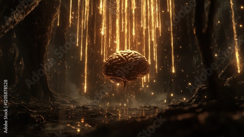 3D Human Brain Surrounded by Glowing Data Streams
