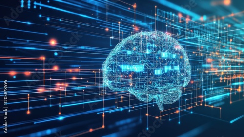 Futuristic 3D Rendering of Human Brain with Data Streams