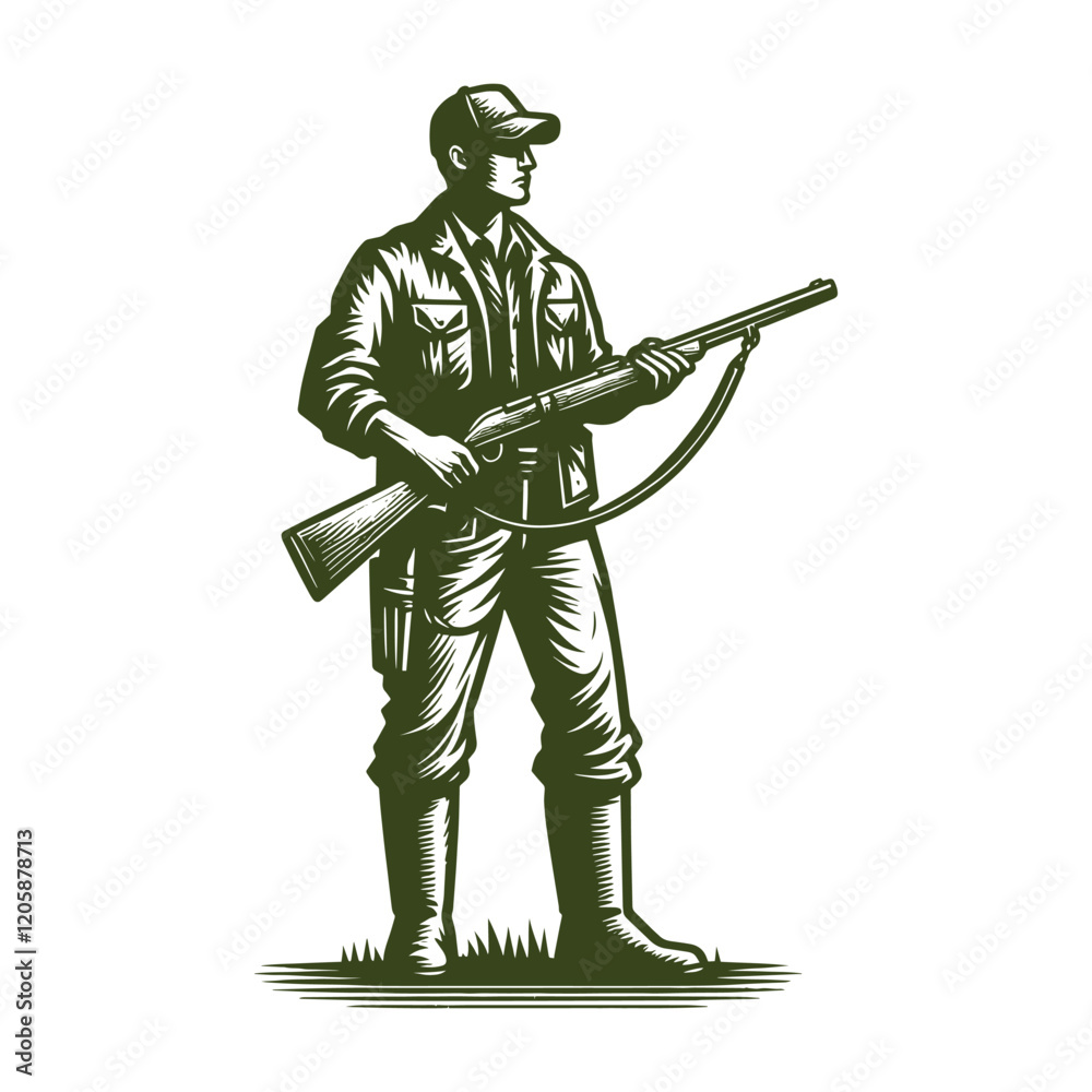 Fototapeta premium Modern hunter with rifle in hand, ink sketch, black on white