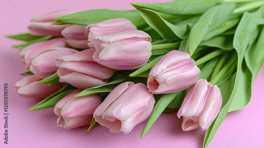 A stunning bouquet of pink tulips laid on a pink pastel background, capturing the essence of spring beauty. A stunning bouquet of pink tulips laid on a pink pastel background, capturing the essence of spring beauty.