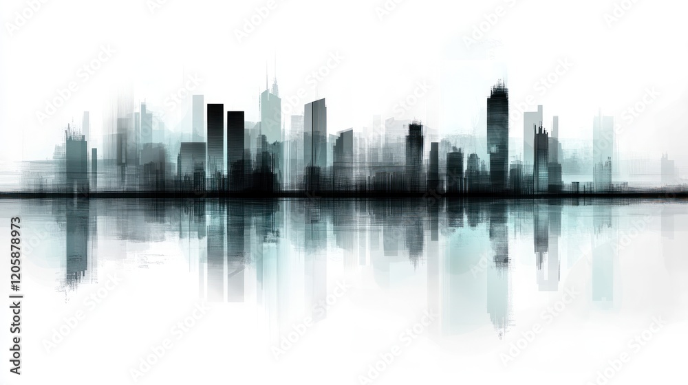 Fototapeta premium Cityscape reflection, urban skyline, water, misty background, design element