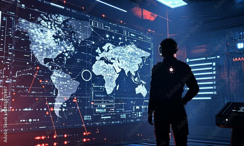 Futuristic control room with a figure analyzing global data on a digital map and holographic displays