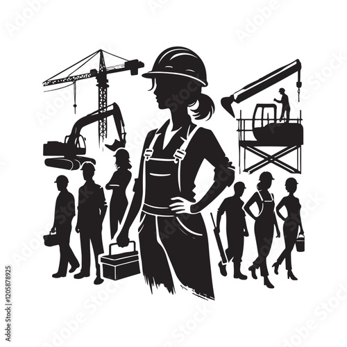 Black Color Construction workers silhouette design Vector Illustration, Solid White Background (5).eps