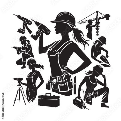 Black Color Construction workers silhouette design Vector Illustration, Solid White Background (9).eps