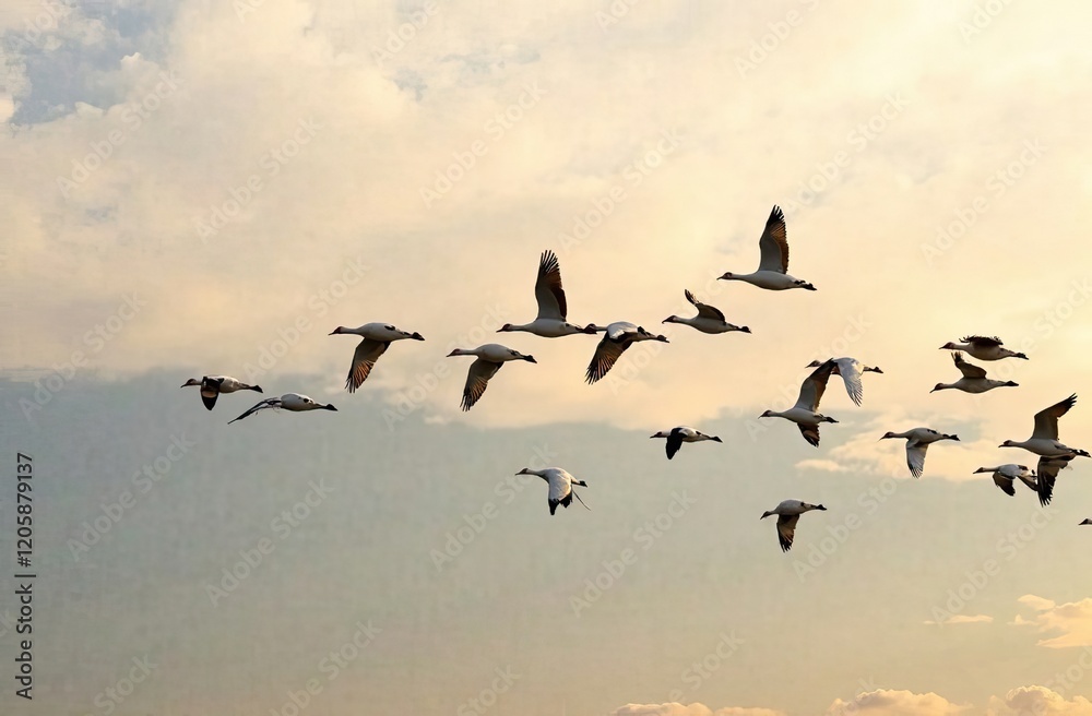 Obraz premium Migrating geese in flight formation 
