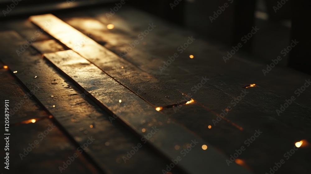 Welding sparks on dark wood planks in workshop Welding sparks on dark wood planks in workshop