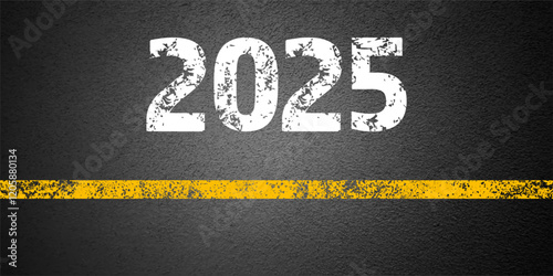 Asphalt road with yellow lane marking, concrete highway surface, texture. New year 2025. Street traffic line, road dividing strip. Pattern grainy structure, grunge background. Vector illustration