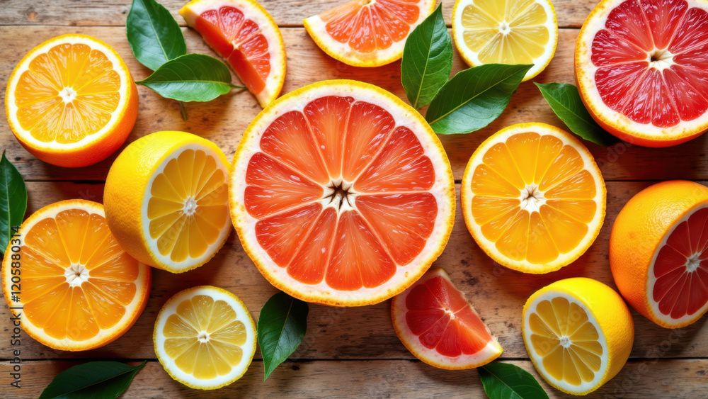 Fototapeta premium Fresh orange slices on a rustic wooden surface, perfect for a healthy snack or detox diet.