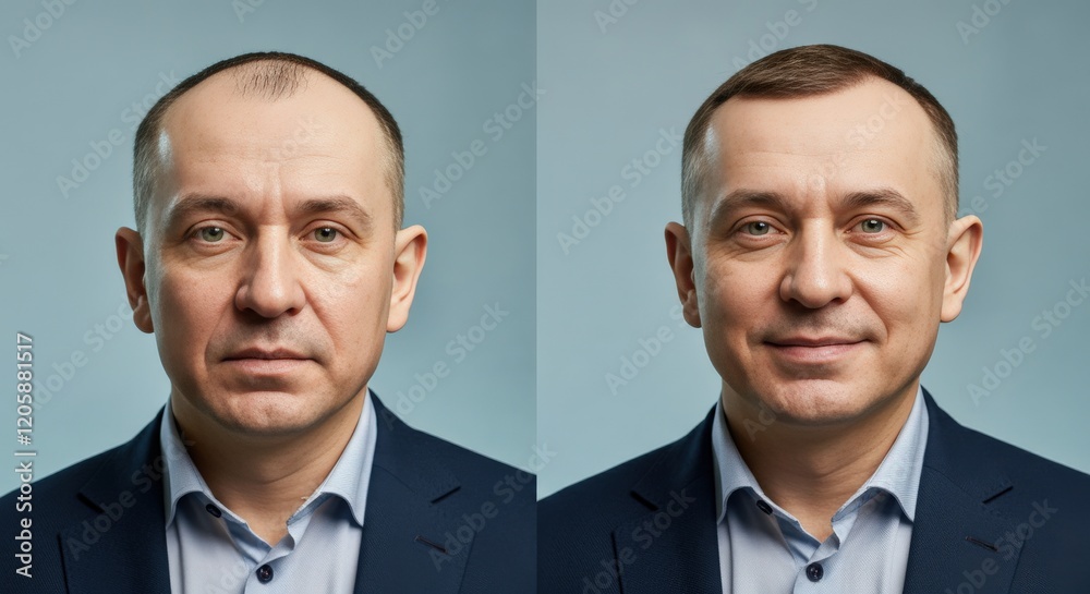 Transformation journey of middle aged caucasian male with visible hair regrowth progression Transformation journey of middle aged caucasian male with visible hair regrowth progression