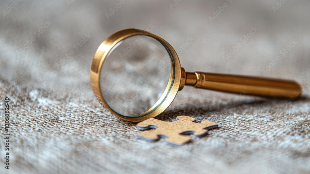Magnifying glass near missing puzzle piece on textured surface Magnifying glass near missing puzzle piece on textured surface