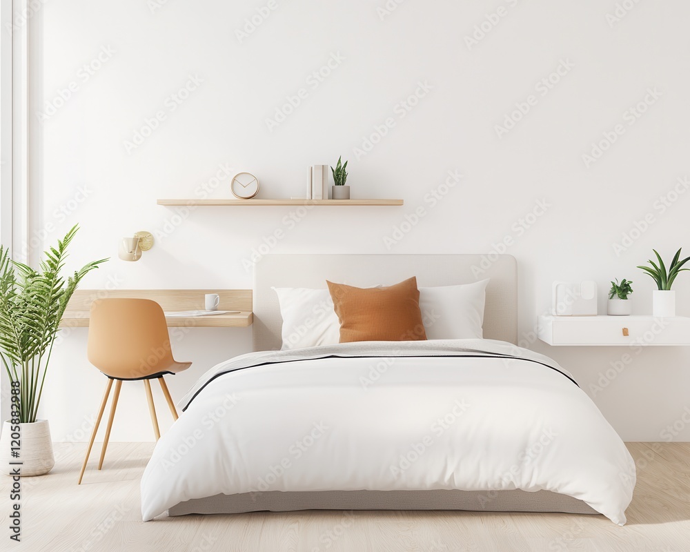 Naklejka premium A cozy minimalist studio apartment with an angular workspace featuring a modern desk and ergonomic chair. The bed area is kept simple with neutral bedding