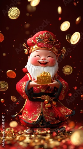 God of Wealth with Gold Coins, Symbol of Prosperity and New Year Blessings  .