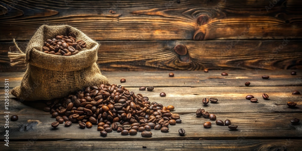 Rustic Still Life Featuring a Burlap Sack Overflowing with Aromatic Coffee Beans Spilled Onto a Weathered Wooden Surface Rustic Still Life Featuring a Burlap Sack Overflowing with Aromatic Coffee Beans Spilled Onto a Weathered Wooden Surface