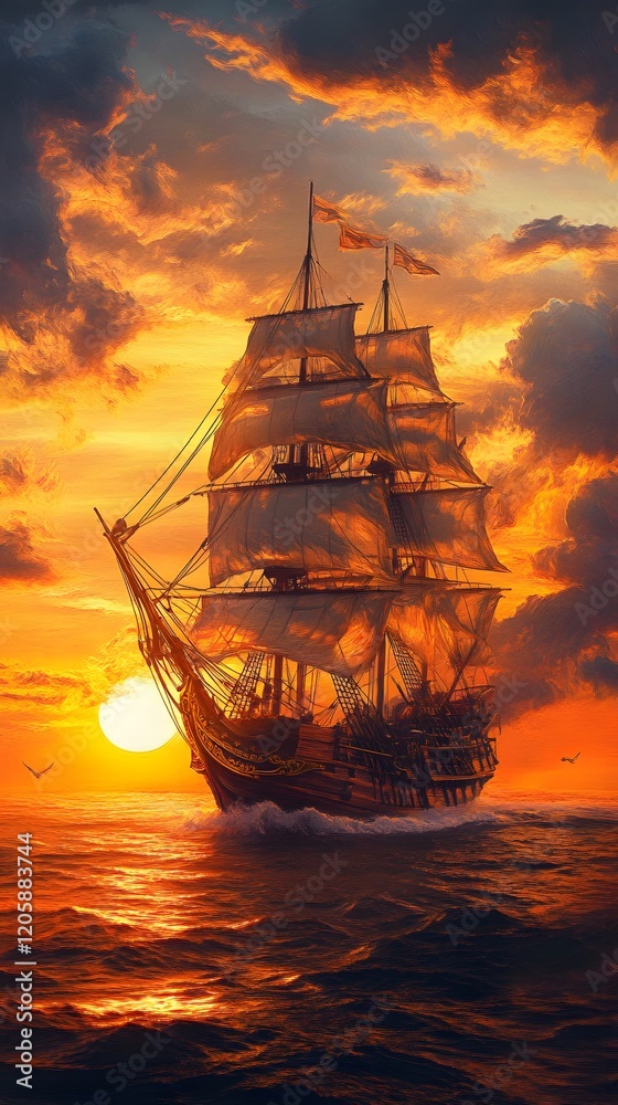 Obraz premium Ship sailing into the sunset 
