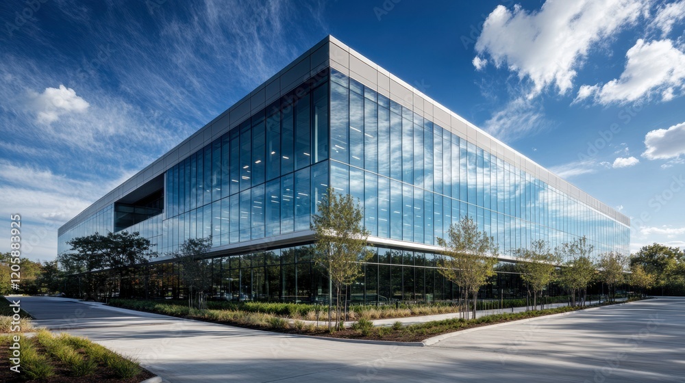 A sleek corporate office building with a reflective glass exterior A sleek corporate office building with a reflective glass exterior