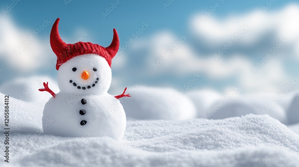 Snowman with red hat and horns in snowy landscape, against blue sky clouds Snowman with red hat and horns in snowy landscape, against blue sky clouds