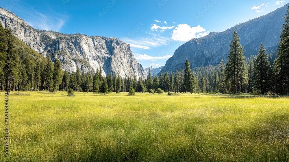Fototapeta premium Yosemite Valley Meadow Surrounded by Majestic Granite Cliffs