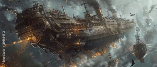 Fantastic flying ship in steampunk style. Great for book covers, video games and themed posters. photo