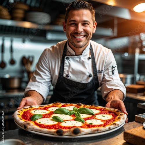 Chef presents fresh Margherita pizza in kitchen