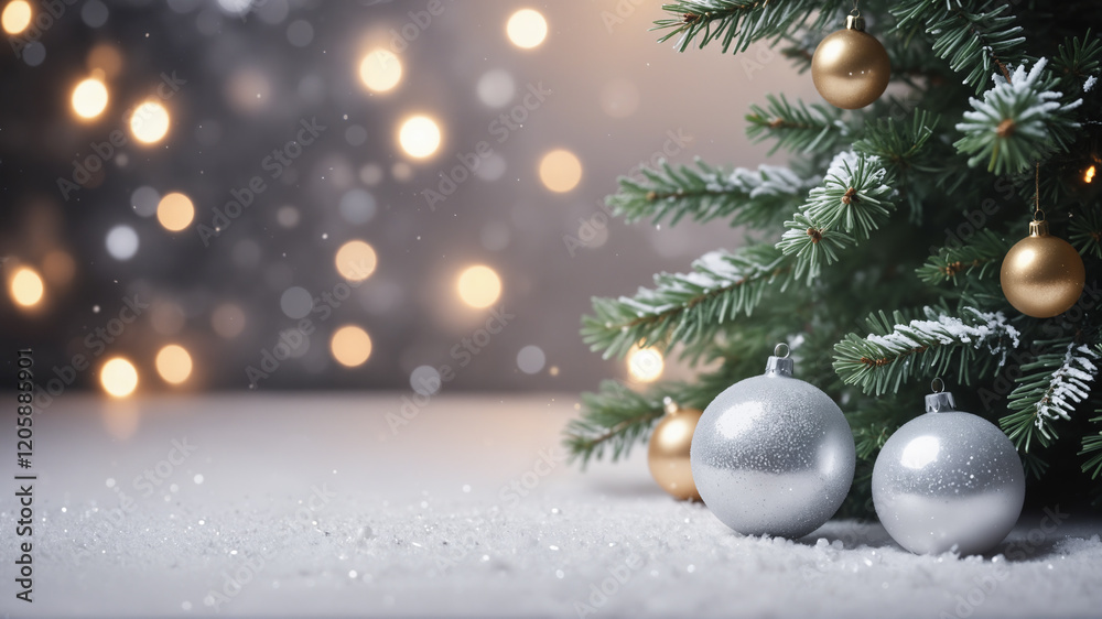 Christmas tree branches with silver and gold baubles falling on snowy surface with blurred lights