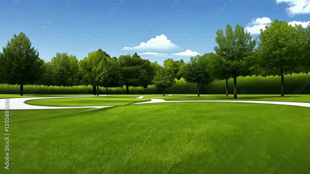 Serene park pathway winding through lush greenery under a clear sky Serene park pathway winding through lush greenery under a clear sky