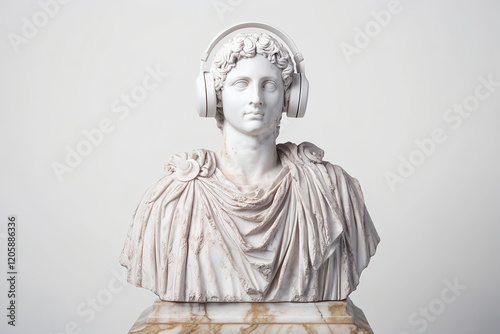 Ancient Greek bust wearing modern headphones, blending history and technology