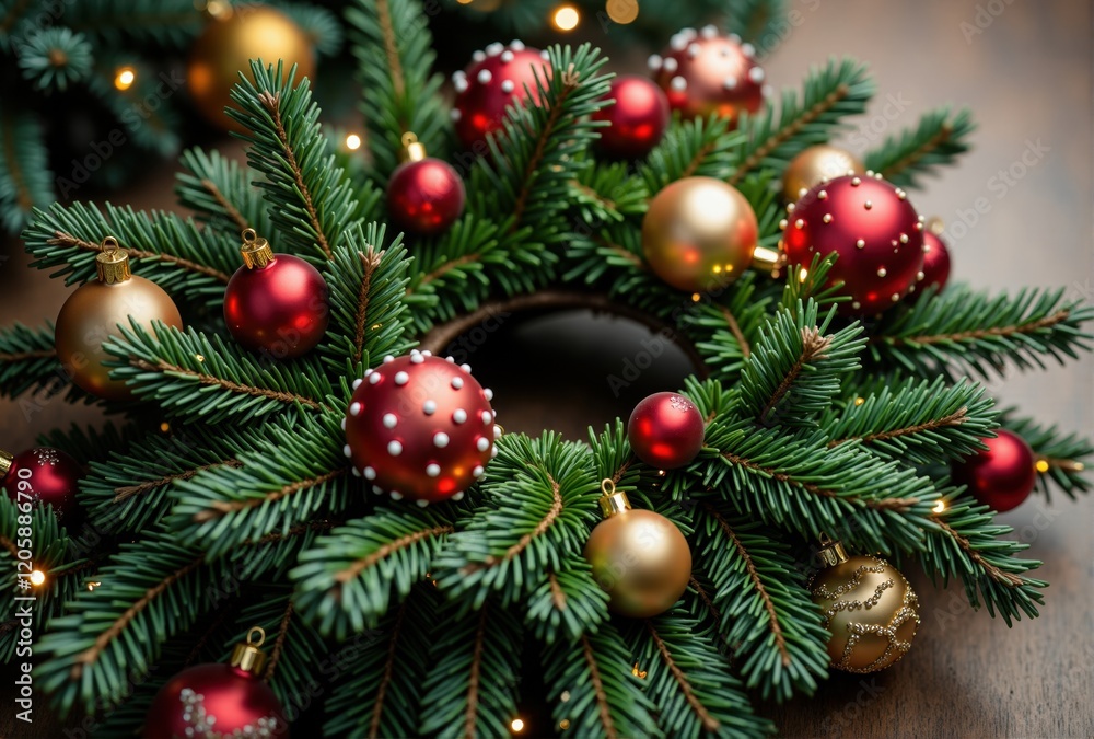 Fir Wreath with Red and Gold Christmas Ornaments Fir Wreath with Red and Gold Christmas Ornaments