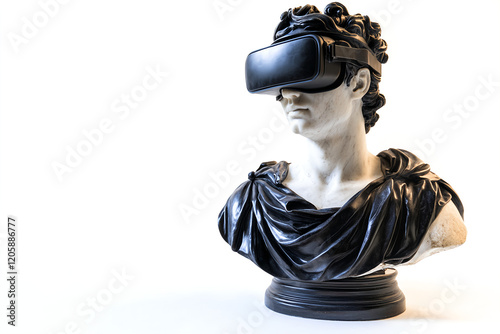 Classical bust wearing virtual reality headset, blending ancient and modern