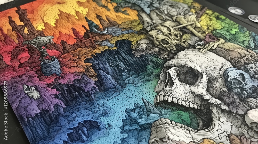 Fototapeta premium Colorful Surreal Landscape Featuring A Prominent Skull