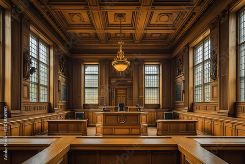 American courtroom. justice and law. chairs and judge table photo