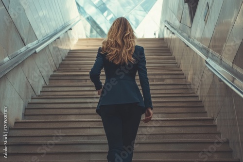 businesswoman climbs up stairs to success. Career ladder or lift for females in professional occupation. achievement, progress, step in new life for ladies