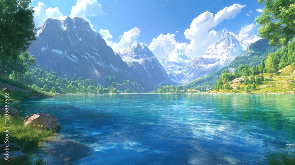 Fototapeta premium Serene Mountain Lake And Majestic Snowy Peaks